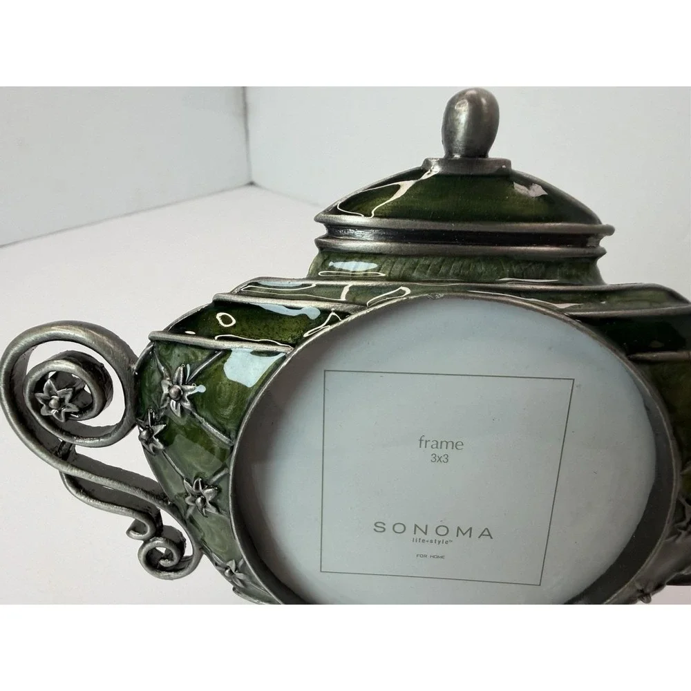 Decorative‎ Frame Teapot Genie Lamp Silver Tone Green Accent 3x3